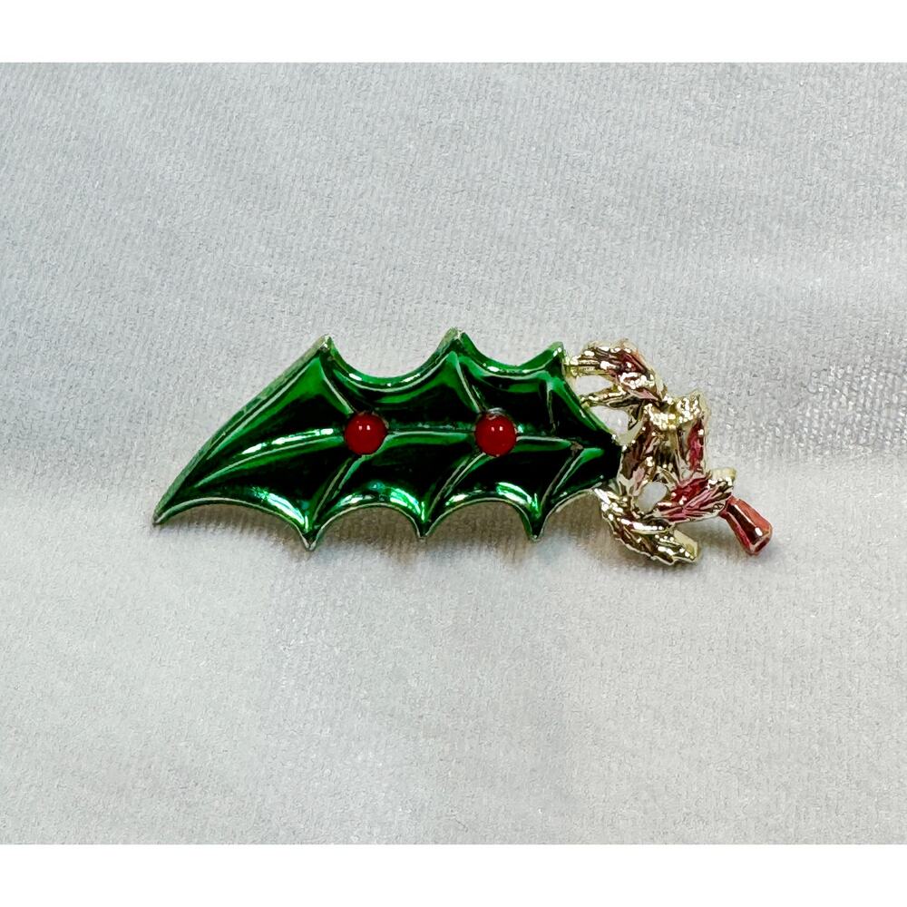 Vintage Enamel Holly Leaf Brooch Pin Green Red Gold Tone Christmas  2.25" CP182 - Picture 2 of 4